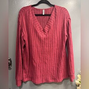 Just Fashion Now V-Neck Ribbed Dark Pink Sweater Long Sleeve Lightweight Warm